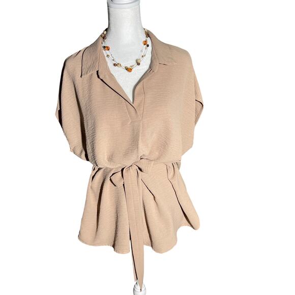 white birch Tops - Women’s beige casual top with tie belt